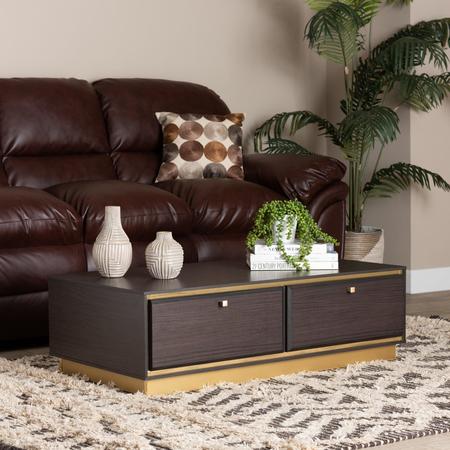 BAXTON STUDIO Cormac Transitional Dark Brown Finished Wood and Gold Metal 2-Drawer Coffee Table 208-12137